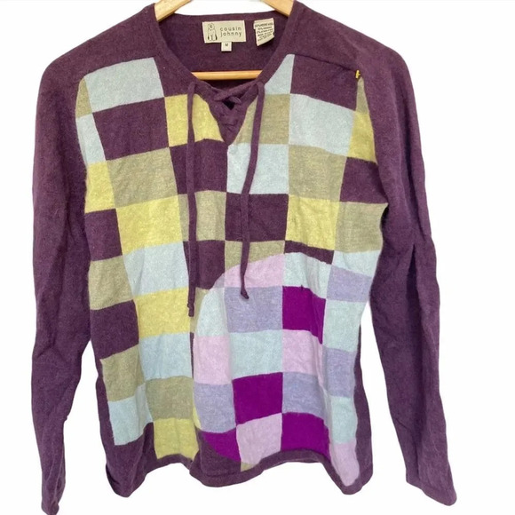 COUSIN JOHNNY Color Block Purple Wool Sweater Medium - Picture 1 of 5